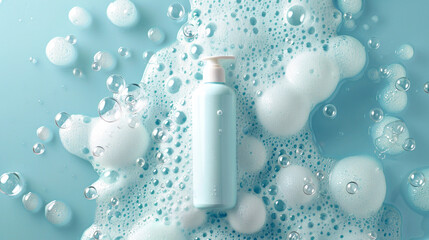 Bottle of white facial cleansing mousse surrounded by bubbles, presenting a mockup for product demonstration and advertising visuals, promoting skincare essentials for a radiant look