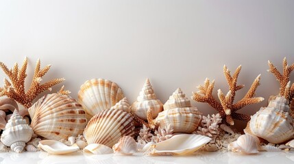 Obraz premium Seashell Serenity A minimalist layout of seashells and coral on a white background, evoking a sense of beachside calm and relaxation