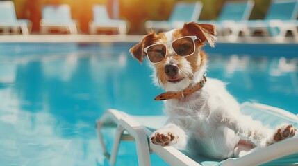 Funny dog lying in a hammock sunbathing outdoors by the pool