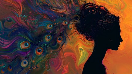 Digitally created abstract silhouette of a woman with vibrant peacock tail elements for an elegant and artistic design.