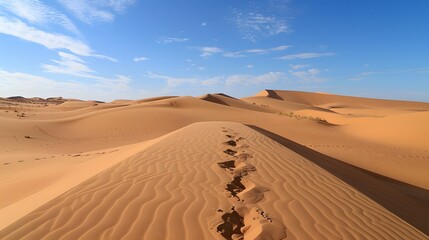Footprints in the desert, with a sun on the horizon