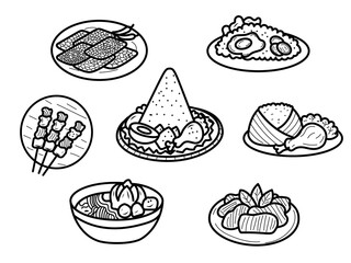 Set of Indonesian foods doodle illustration on a white background