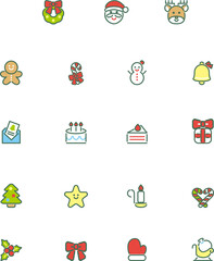 Fototapeta premium クリスマス アイコン ピクトグラム あしらい 絵文字 シンプル 線 かわいい ミニイラスト素材セット