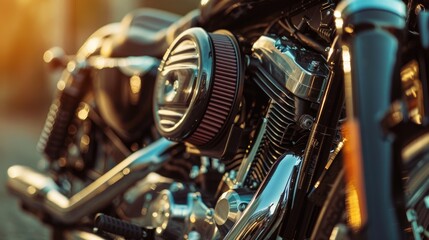 Close up of a motorcycle engine with a blurred background