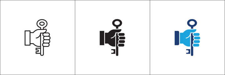 Hand holding key icon. Key of success icons. Real estate symbol. Business icon. Vector stock illustration. Isolated on white background. Vector logo design template