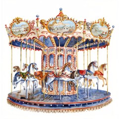 Watercolor painting of a carousel spinning with brightly painted horses and ornate circular decorations, on isolated white background, Generative AI
