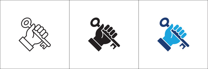 Fototapeta premium Hand holding key icon. Key of success icons. Real estate symbol. Business icon. Vector stock illustration. Isolated on white background. Vector logo design template