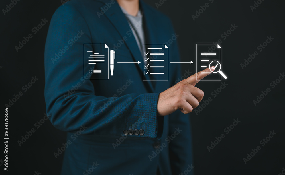 Poster Businessman touching approve document on virtual screen for business process workflow illustrating management approval and project approve concept.