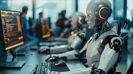 Fototapeta premium Robot working at computer among people. Maschine typing on keyboard in office. IT team of future. Futuristic worker. Humanoid work at call center. Support job. Selling concept. Generative Ai