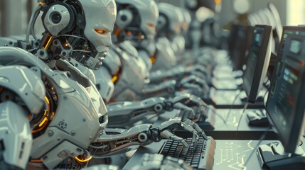 Fototapeta premium Robot working at computer among people. Maschine typing on keyboard in office. IT team of future. Futuristic worker. Humanoid work at call center. Support job. Selling concept. Generative Ai