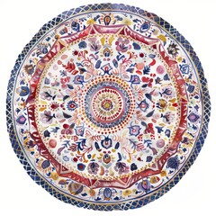 Watercolor painting of a circular rug with intricate patterns and vibrant colors, adding warmth to a cozy living, on isolated white background, Generative AI
