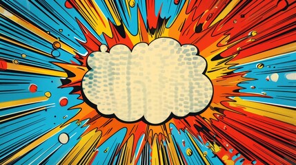 Superhero party invitation, comic book explosion background, vibrant speech bubble for details