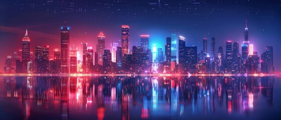 Smart city with autonomous public transport, digital network overlays, futuristic urban planning, hightech infrastructure, night skyline