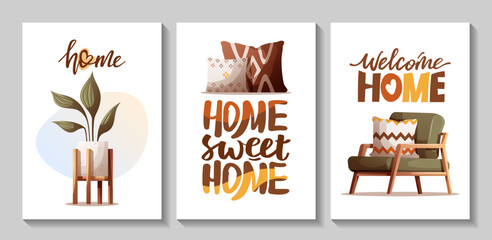 Set of cards with cozy armchair, potted plant, pillows. Handwritten lettering. Vector illustration for postcard, poster, card.