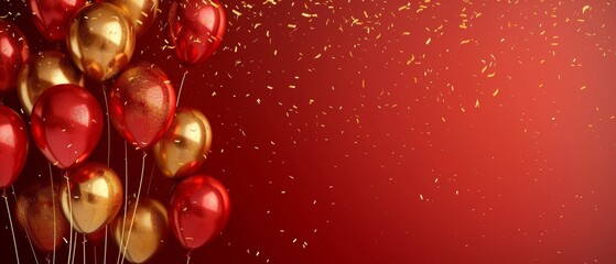 Party banner with red and gold balloons, background carnival celebration, festival or birthday, vibrant red background template