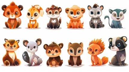 Colorful set of little cartoon animals characters. Baby animals icons set isolated on white background. Cartoon character design. Color illustration of wild animal world. Vector illustration
