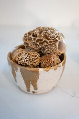 Vertical close up of fresh morel mushrooms in a small ceramic bowl