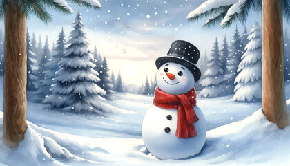 Fototapeta premium 子供向け絵本に登場するようなかわいい雪だるま