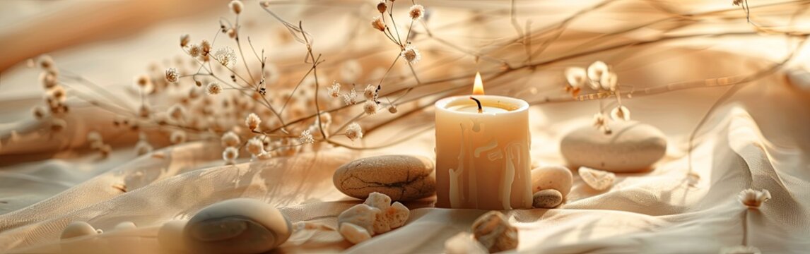 Tranquil Candle Still Life with Dry Flowers