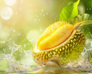 Photo of a fresh durian with water splash
