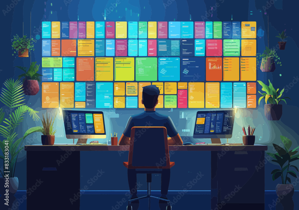 Poster stylized businessman managing multiple project dashboards - project management, task scheduling, res
