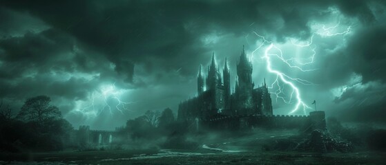 Lightning flashing, thunder roaring, dark clouds over a distant castle, eerie atmosphere, horror movie setting