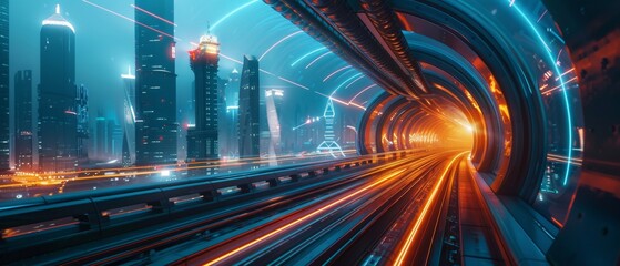 Hyperloop transit system, futuristic city skyline, advanced transportation technology, seamless digital network, urban innovation