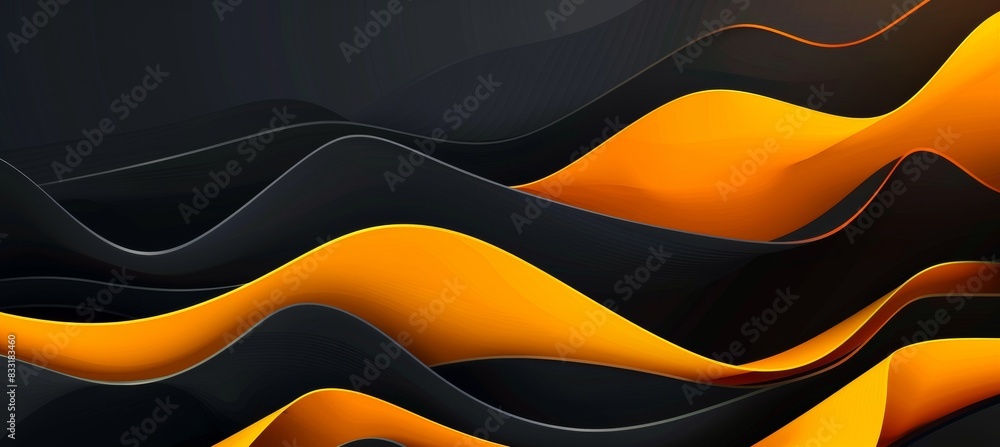Poster Black background with yellow and orange gradient lines in the shape of waves, elegant curves