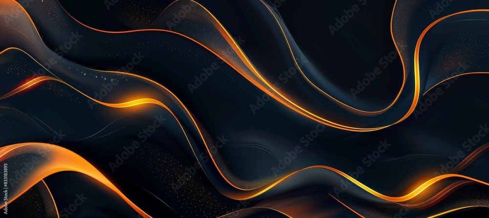 Poster Black background with yellow and orange gradient lines in the shape of waves, elegant curves
