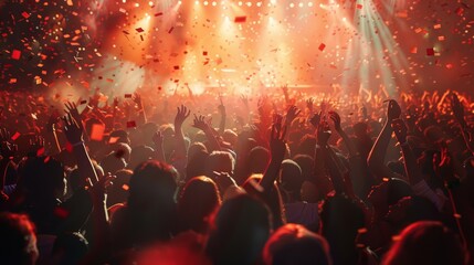 Hyper realistic festival crowd, panoramic view, cheering with confetti and smoke, vibrant stage lights