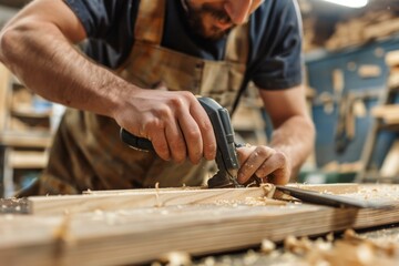 A carpenter using a jig to ensure precise cuts for a furniture repair