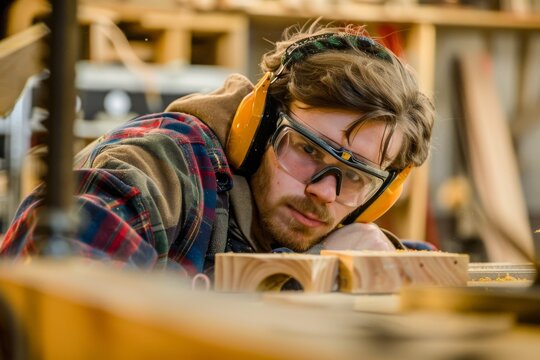 A carpenter wearing safety goggles and ear protection while working on a furniture repair