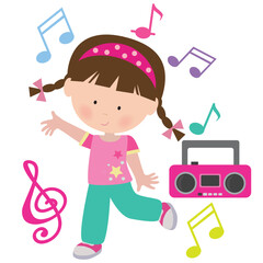 Funny  dancing  little girl   vector  cartoon illustration