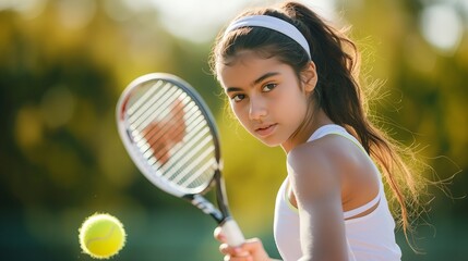 A young girl tennis player with a ponytail is getting ready to hit a tennis ball with her racket. Junior tennis tournament, professional sports and victories