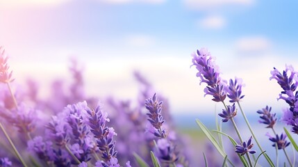 Lavender flowers close-up on sky background