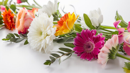 beautiful fresh spring flowers of delicate colors on a white table