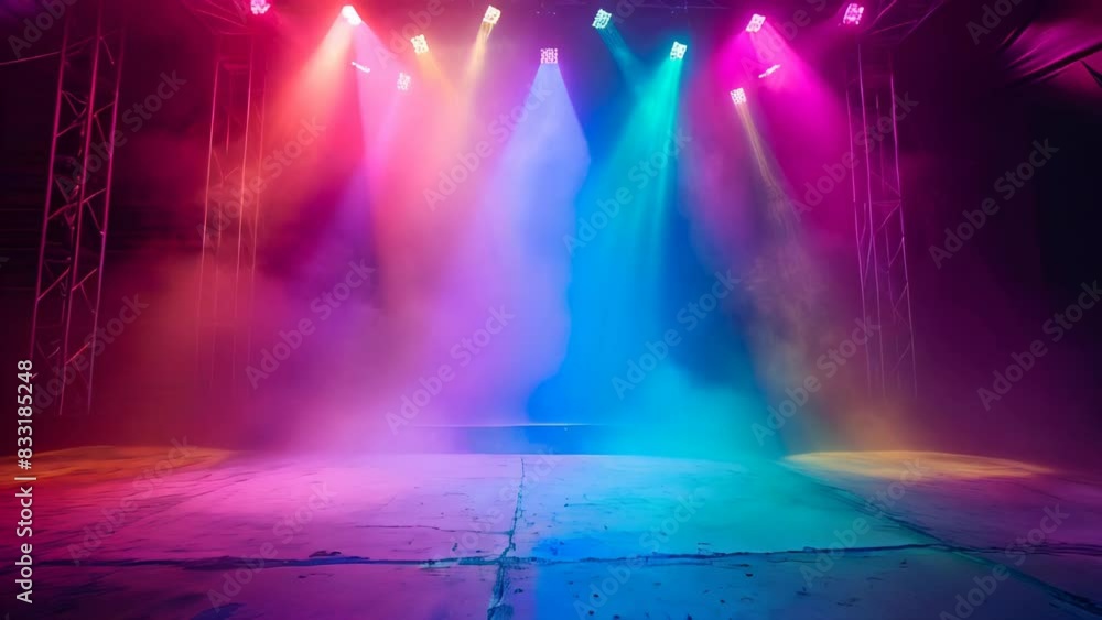 Poster a stage with colorful lights and smoke. the lights are in different colors and are arranged in a way
