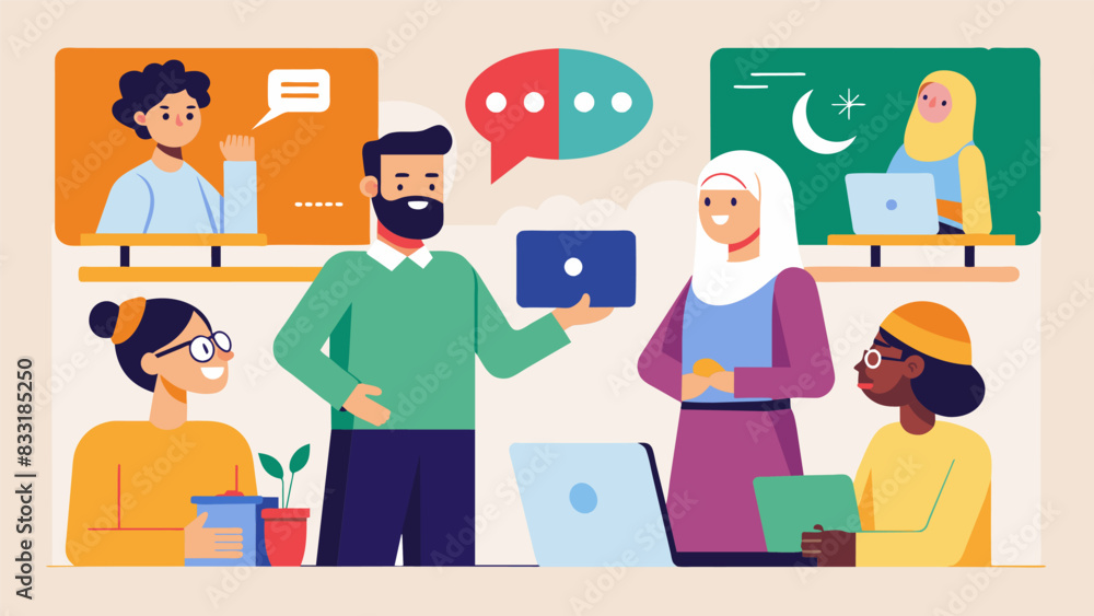Poster interactive workshops on language and communication allowing visitors to learn basic phrases from di