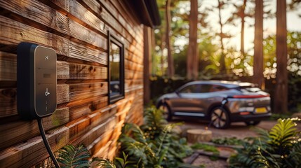 Obraz premium A Jeep is parked in front of a log cabin