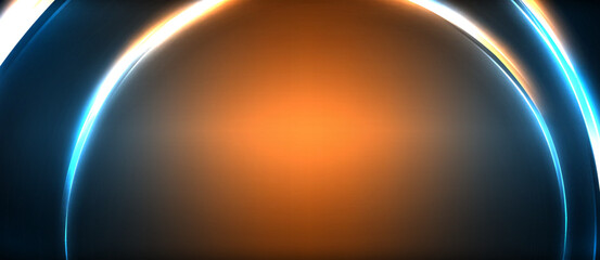Neon glowing circle rays, light round lines in the dark, planet style neon wave lines. Energetic electric concept design for wallpaper, banner, background