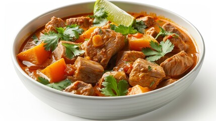A bowl of meat and vegetables with a lime on top