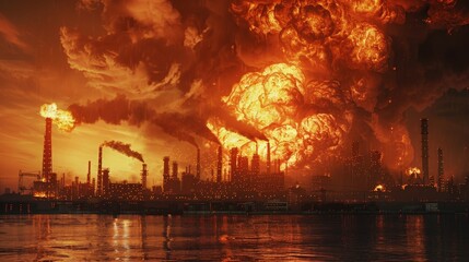 Obraz premium Apocalyptic vision of a fiery explosion at an oil refinery