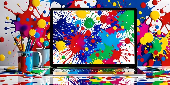 wallpaper depicting a computer and paint splashes on the screen with digital technology effects.