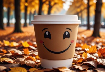 Create a 3D cartoon animated disposable coffee cup with a smiling face.
