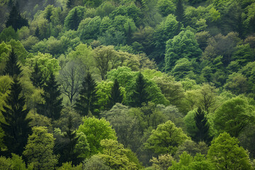 Obraz premium A vast, lush forest blankets the rugged mountain landscape, with towering trees stretching towards the sky, their dense foliage creating a verdant canopy.