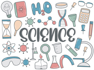 Science color doodle sketch style poster. Hand drawn elements of various sciences - chemistry, mathematics, physics, biology. Set of schoolchildren, scientist, student items, vector graphics