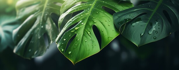 Fototapeta premium Tropical jungle green leaves background, fern, palm and Monstera Deliciosa leaf on wall with dark green, nature floral forest plant pattern concept background, horizontal