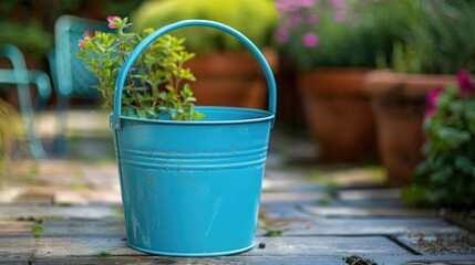 Blue pail with a handle ideal for summer and gardening themes home goods storage solutions equipment and do it yourself tasks