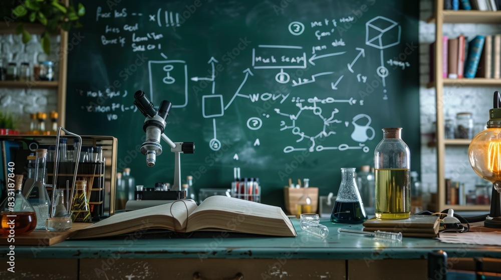 Wall mural a scientific lab setup with open textbooks, lab equipment, and chemical formulas written on a blackb