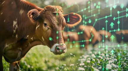 Agritech concept showing a wireless application for a smartphone and reading data from cows
